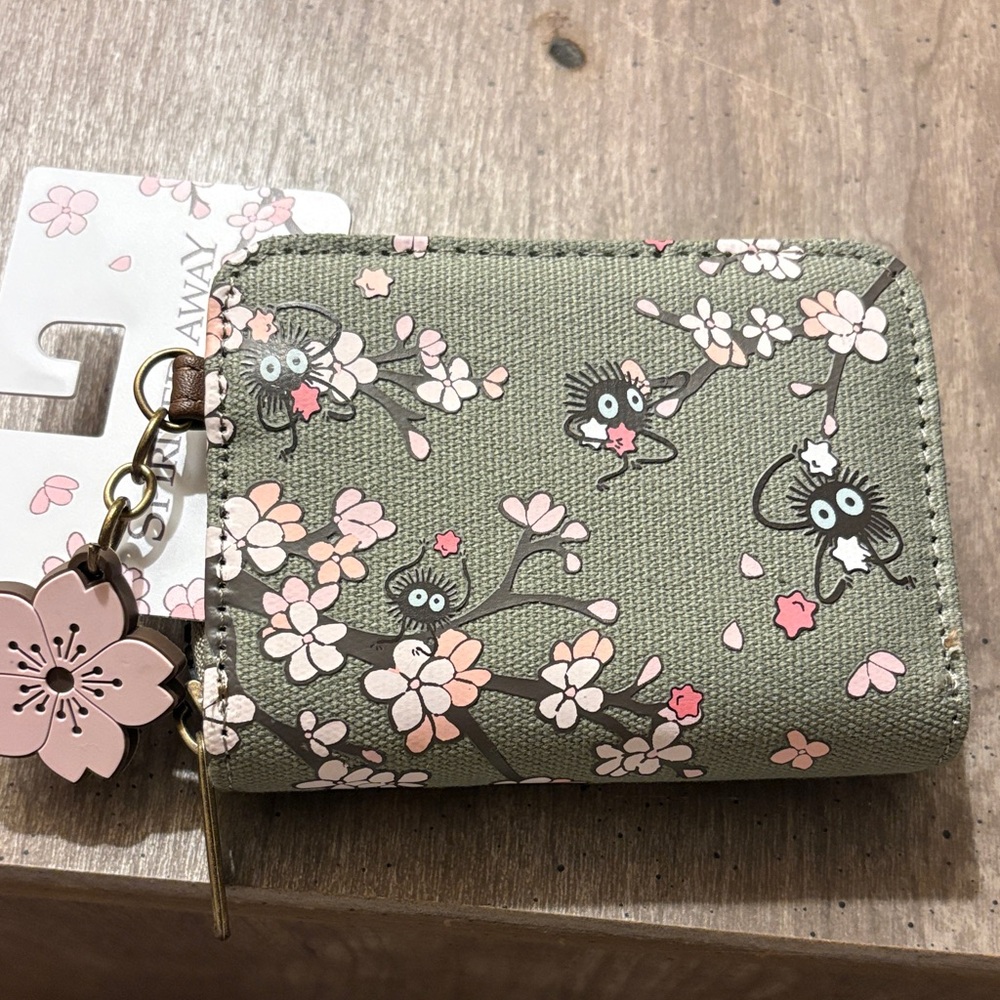 Soot Sprites Cherry Blossom Zip Card Wallet - Olive Green & Pink